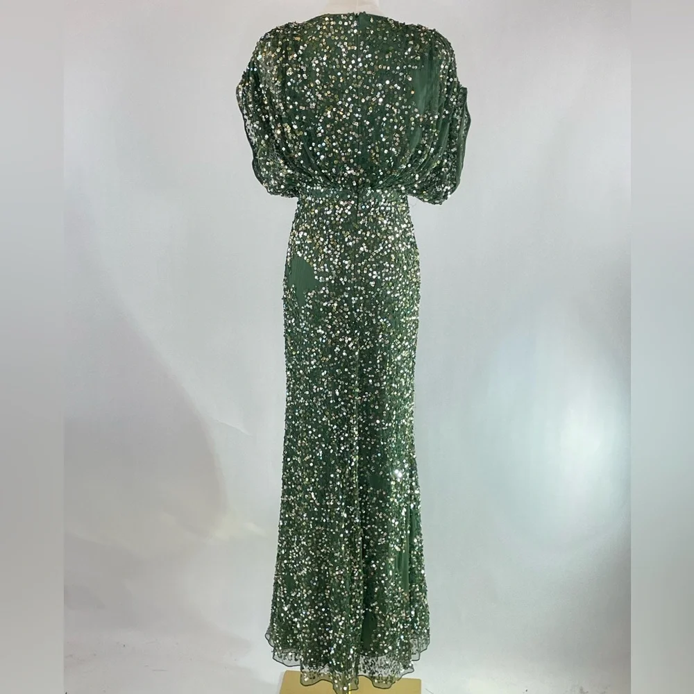 Ieena for Mac Duggal Draped Sleeve Emerald Sequin Gown, 4 - Picture 5 of 10